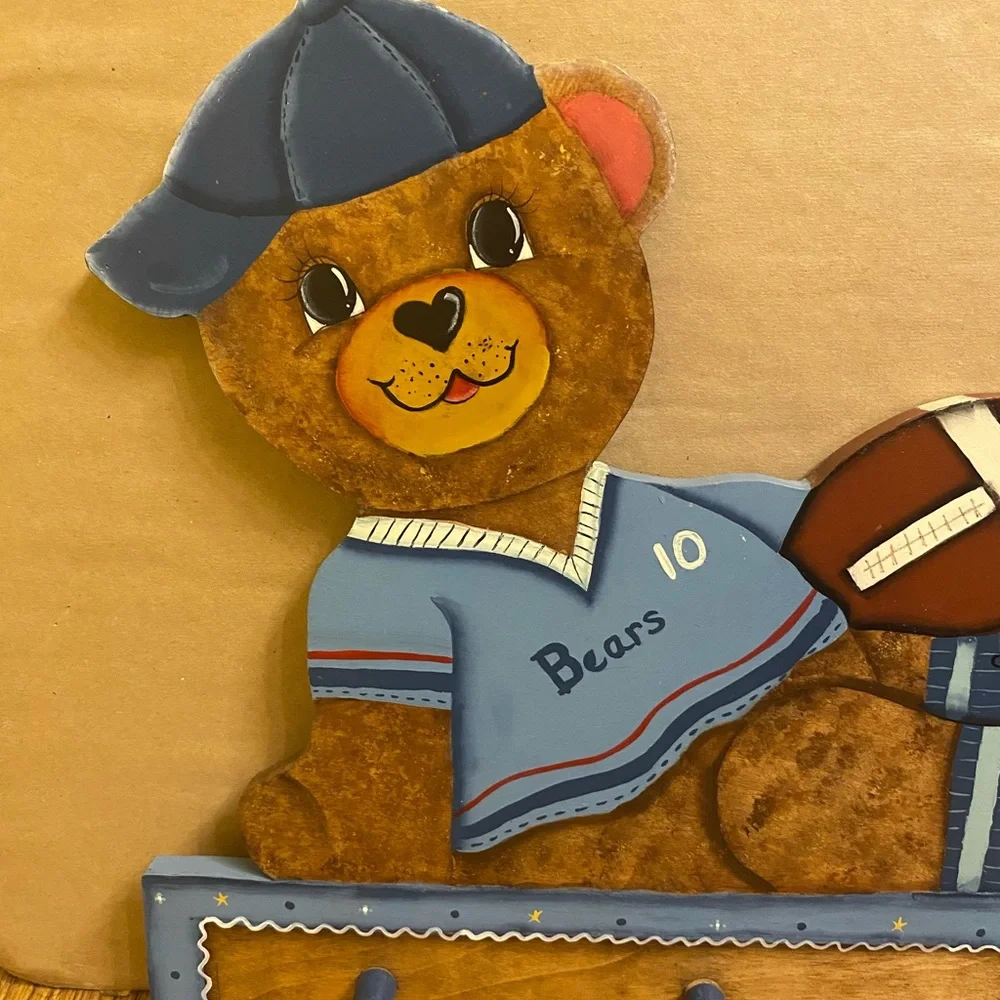 Wooden Wall Plaque Coat And Hat Hanger Football Bear For Little Boy's Bedroom.